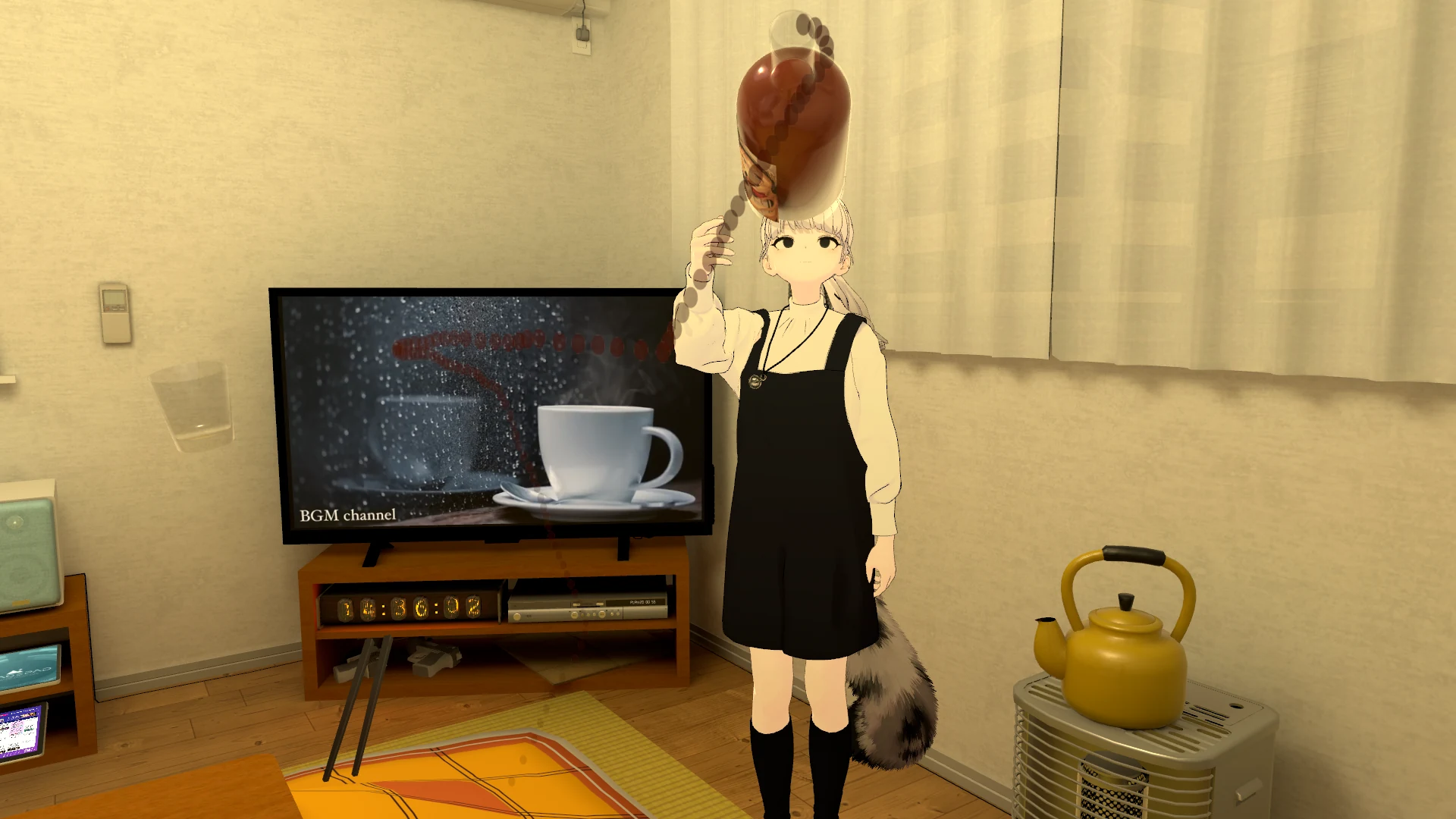 テレビやストーブのある部屋で、小物を手にして遊ぶアバター
